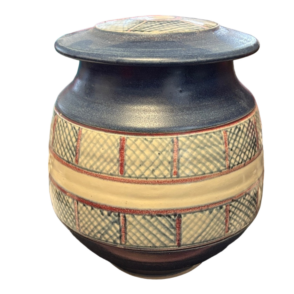 Vintage Blue and Cream Patterned Raku Studio Pottery Vase With Lid
